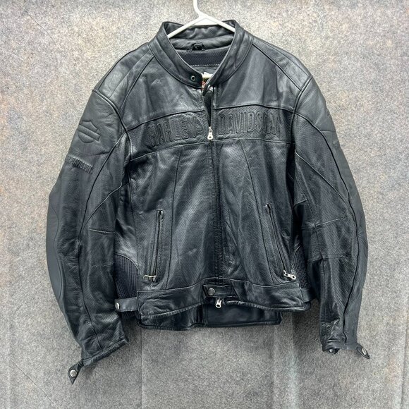 Harley Davidson Jacket Mens Large Black Leather Riding Biker Embroidered Logo